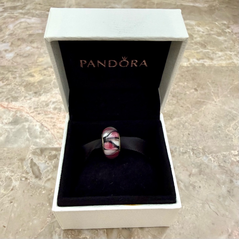 Retired Pandora Murano Glass Pink/White/Black Swirl Charm